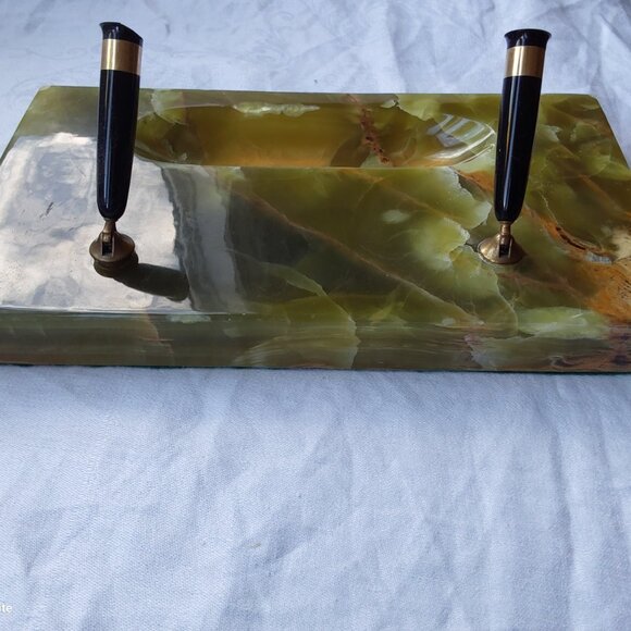 Vtg Schaeffer green marble desk set 2 fountain pens 14K gold nibs midcentury - Picture 2 of 11
